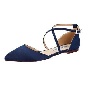 ELEGANTPARK Women’s Blue Satin Pointed Toe Ankle Straps Low Heel Flat Sandals